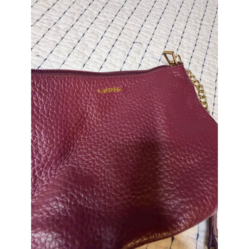 Lodis Burgundy Pebbled Leather Crossbody Bag Wristlet Gold Chain Strap Wine